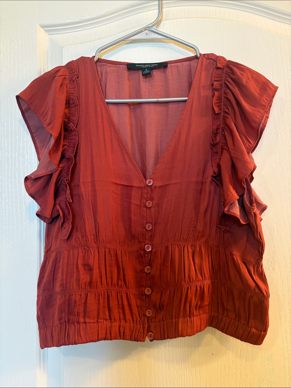 Andrew Marc Rust Ruffle-Sleeve Button Front Blouse